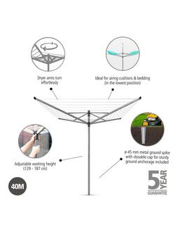 Brabantia Lift-O-Matic Rotary Clothes Outdoor Airer Washing Line with Soil Spear, 40m - view 2, Silver