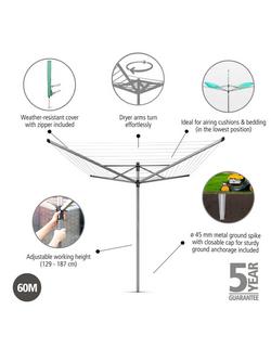 Brabantia Lift-O-Matic Rotary Clothes Outdoor Airer Washing Line, with Soil Spear and Cover, 60m - view 2, Silver