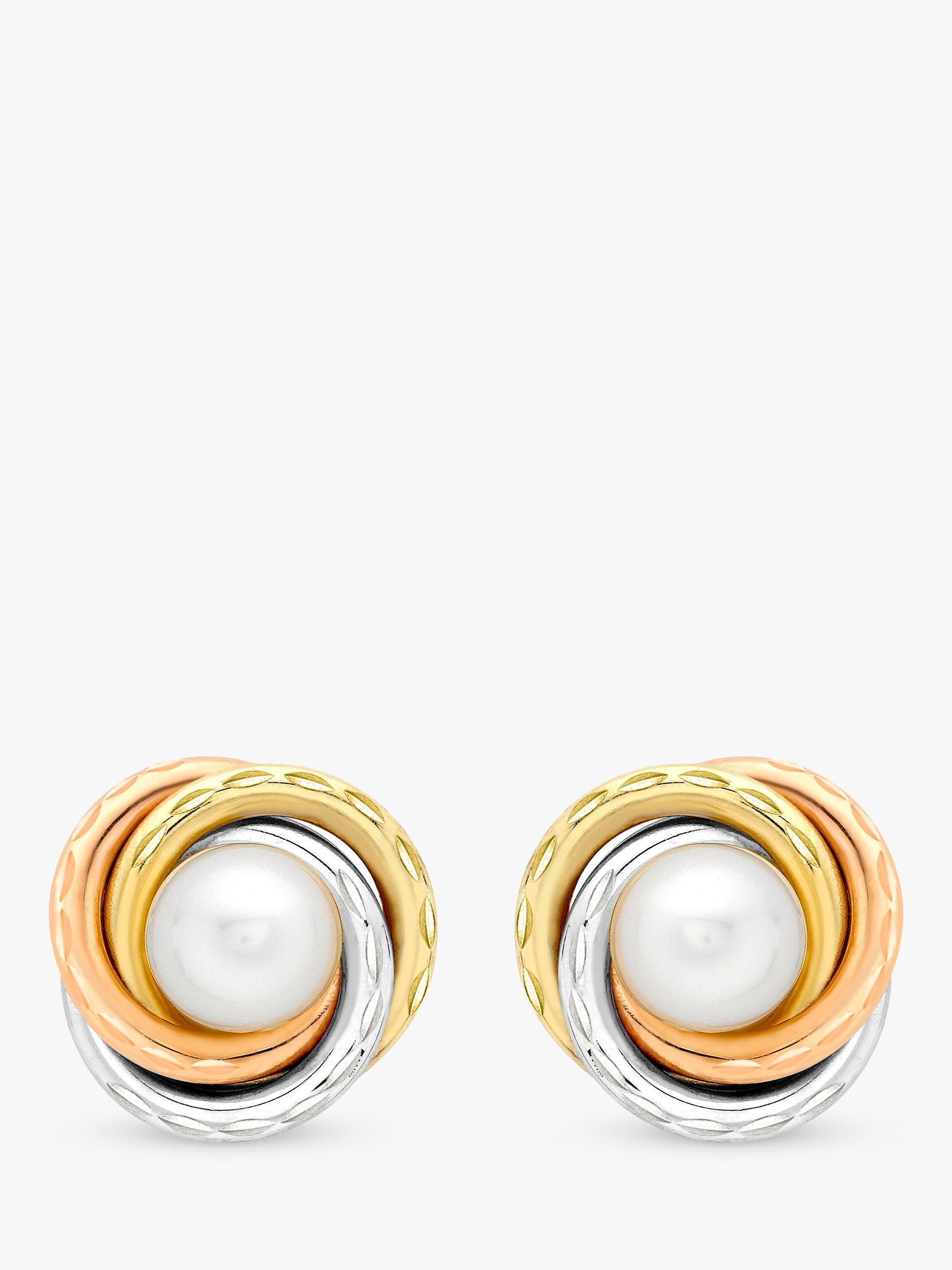 Product image 1 of 4, which shows IBB 9ct Gold Triple Tone Pearl Swirl Stud Earrings, Multi