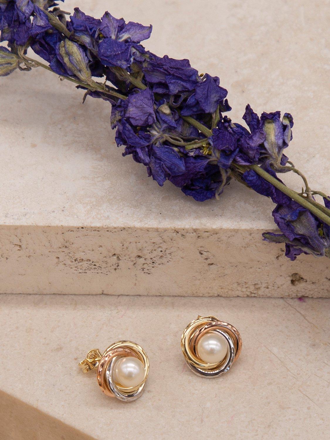 Product image 3 of 4, which shows IBB 9ct Gold Triple Tone Pearl Swirl Stud Earrings, Multi