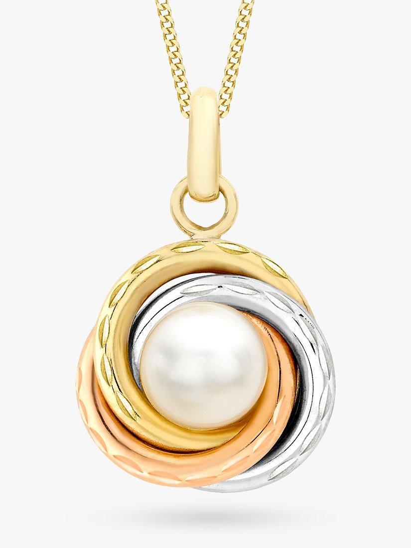 Product image 1 of 4, which shows IBB 9ct Three Colour Gold Diamond Cut Knot and Pearl Pendant Necklace, Multi