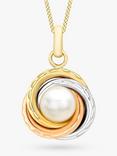 IBB 9ct Three Colour Gold Diamond Cut Knot and Pearl Pendant Necklace, Multi