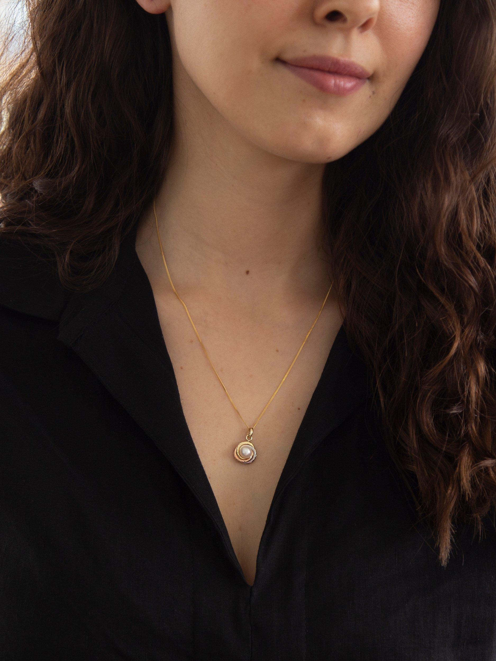 Product image 2 of 4, which shows IBB 9ct Three Colour Gold Diamond Cut Knot and Pearl Pendant Necklace, Multi