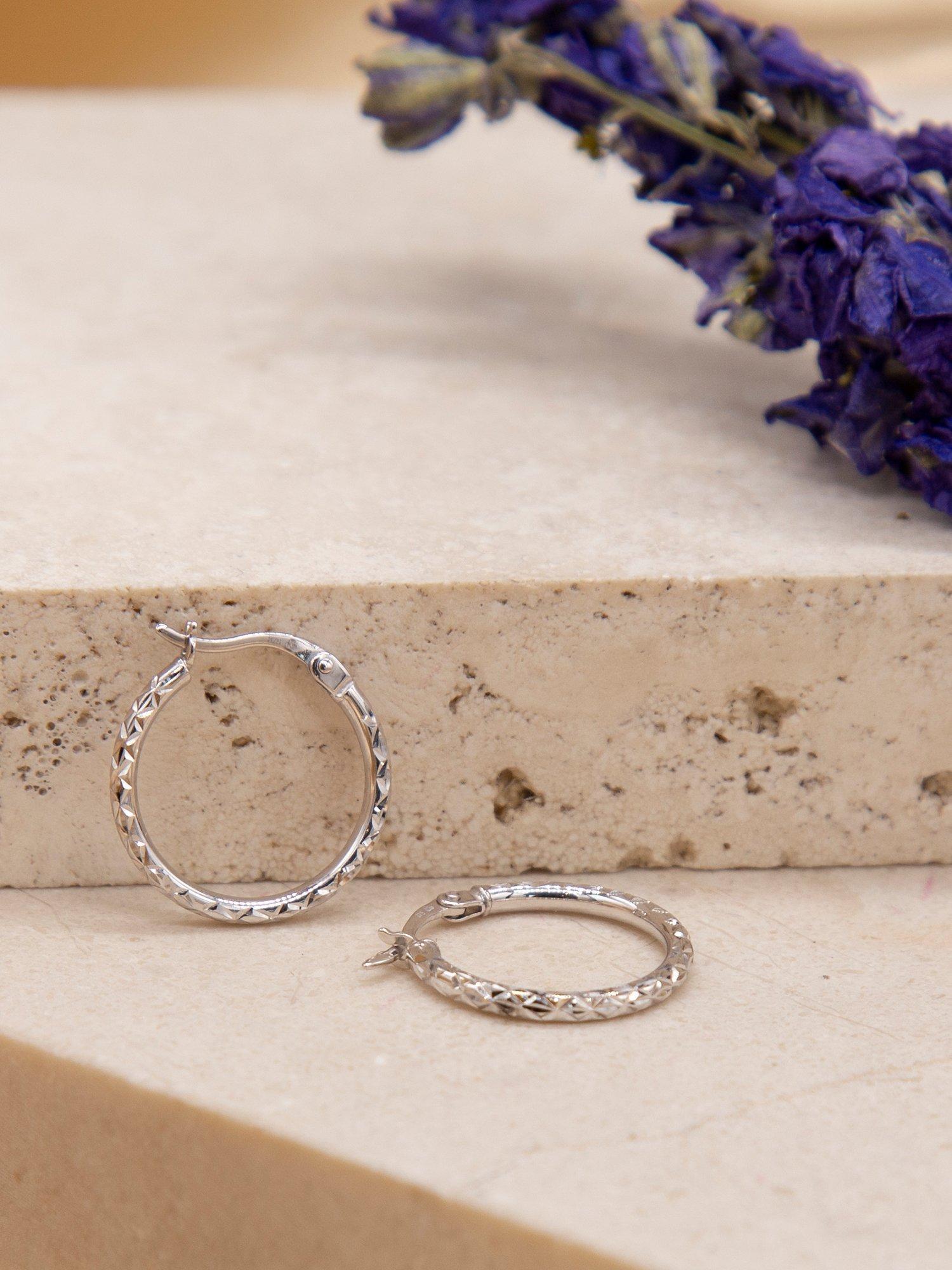 Product image 2 of 4, which shows IBB 9ct White Gold Diamond Cut Creole Hoop Earrings, White Gold