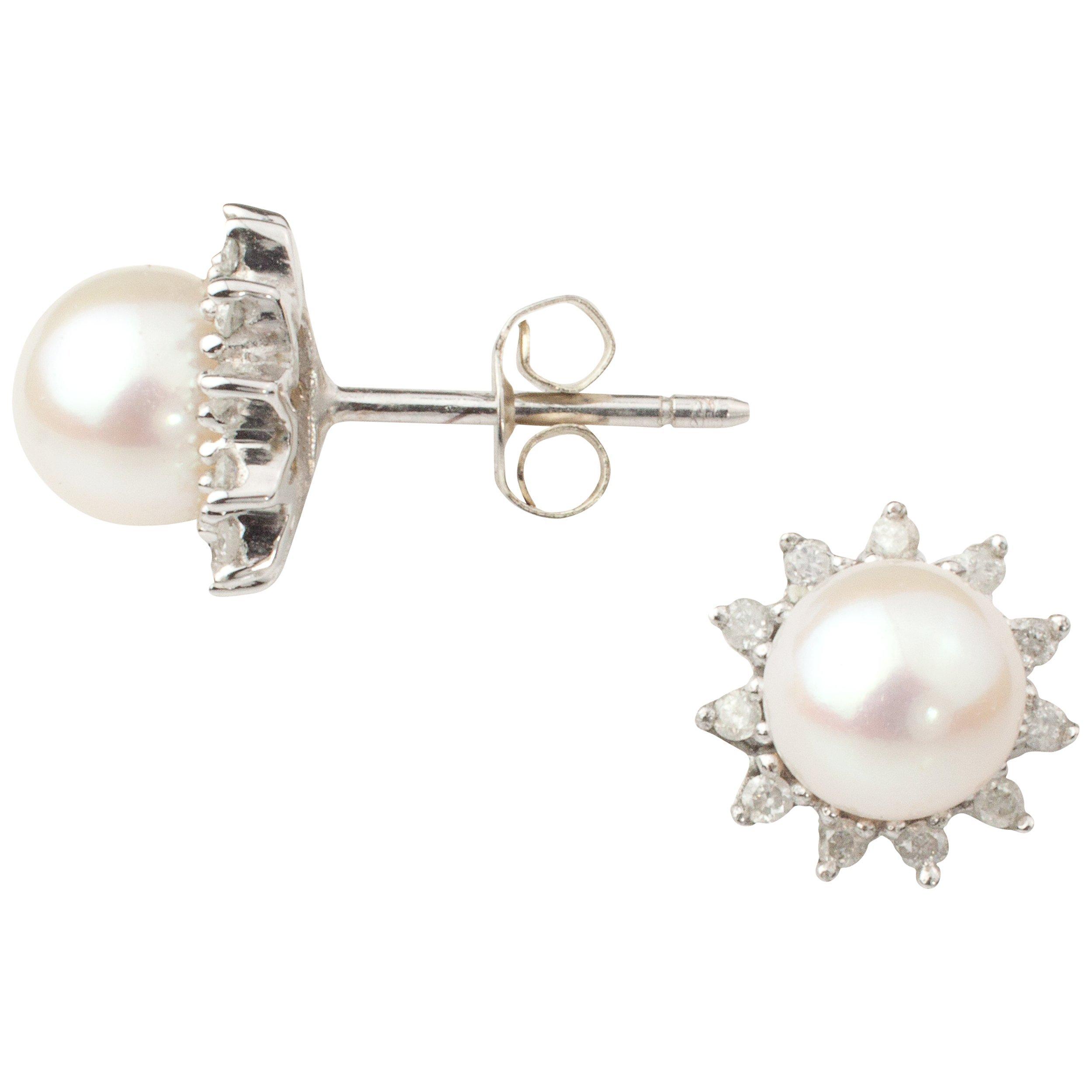 E.W Adams 9ct White Gold And Diamond Cultured Pearl Stud Earrings