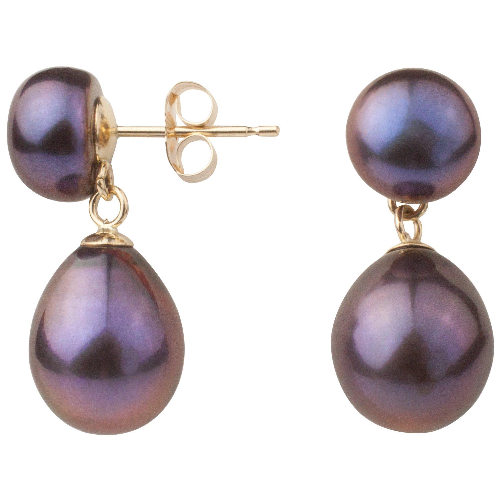 E.W Adams 9ct Gold Freshwater Pearl Double Drop Earrings, Black