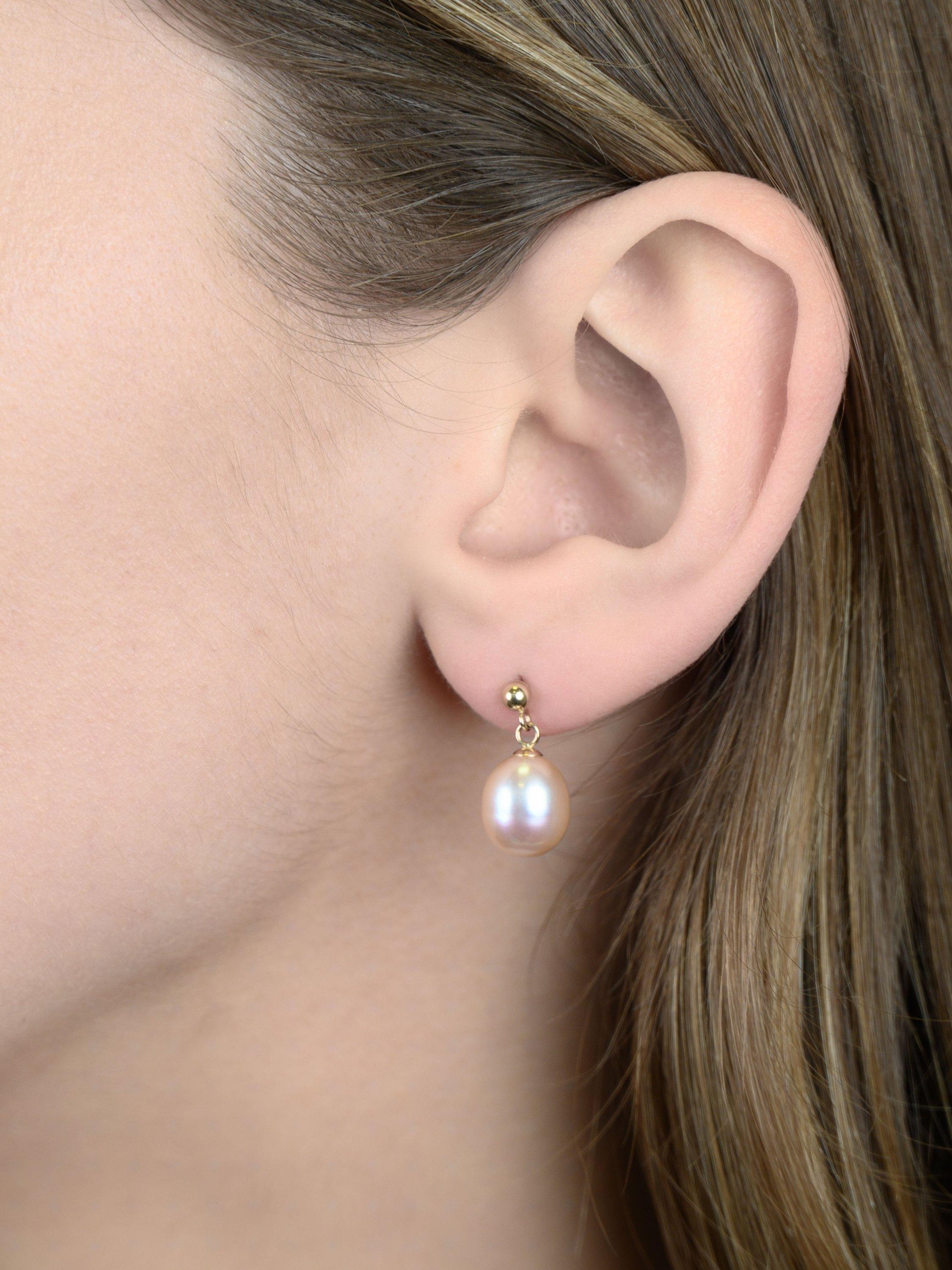 Product image 1 of 3, which shows E.W Adams 9ct Gold Freshwater Pearl Drop Earrings, Pink