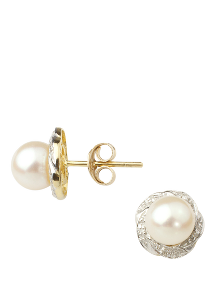 E.W Adams 9ct Gold Cultured Pearl Diamond Stud Earrings, White