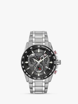 Citizen CB5898-59E Men's Eco-Drive Perpetual Calendar Chronograph Bracelet Strap Watch, Silver/Black, Silver/Black
