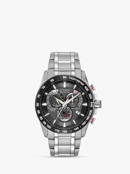 Citizen CB5898-59E Men's Eco-Drive Perpetual Calendar Chronograph Bracelet Strap Watch, Silver/Black, Silver/Black