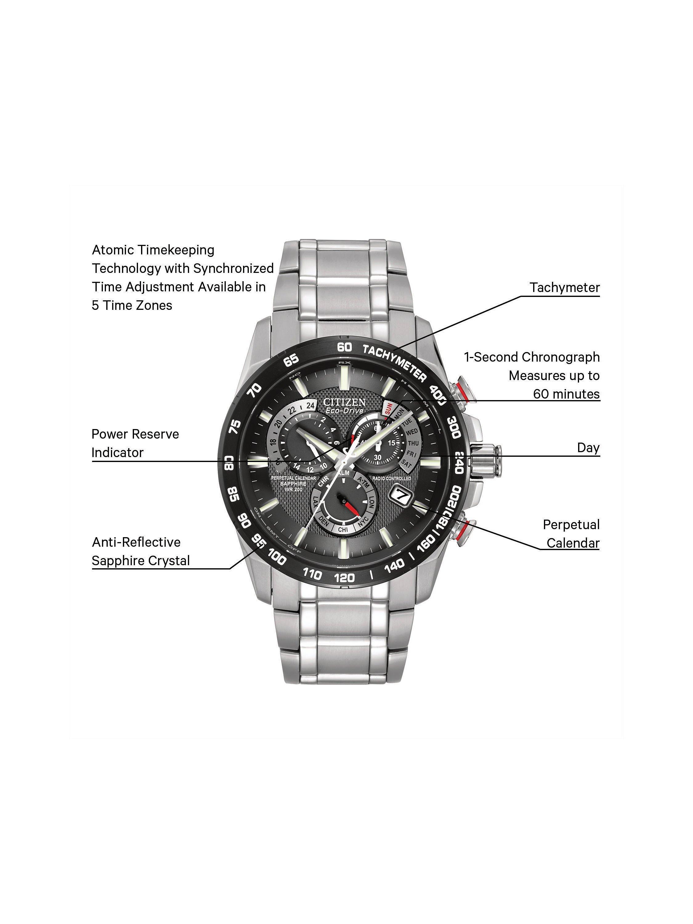 Product image 3 of 8, which shows Citizen CB5898-59E Men's Eco-Drive Perpetual Calendar Chronograph Bracelet Strap Watch, Silver/Black