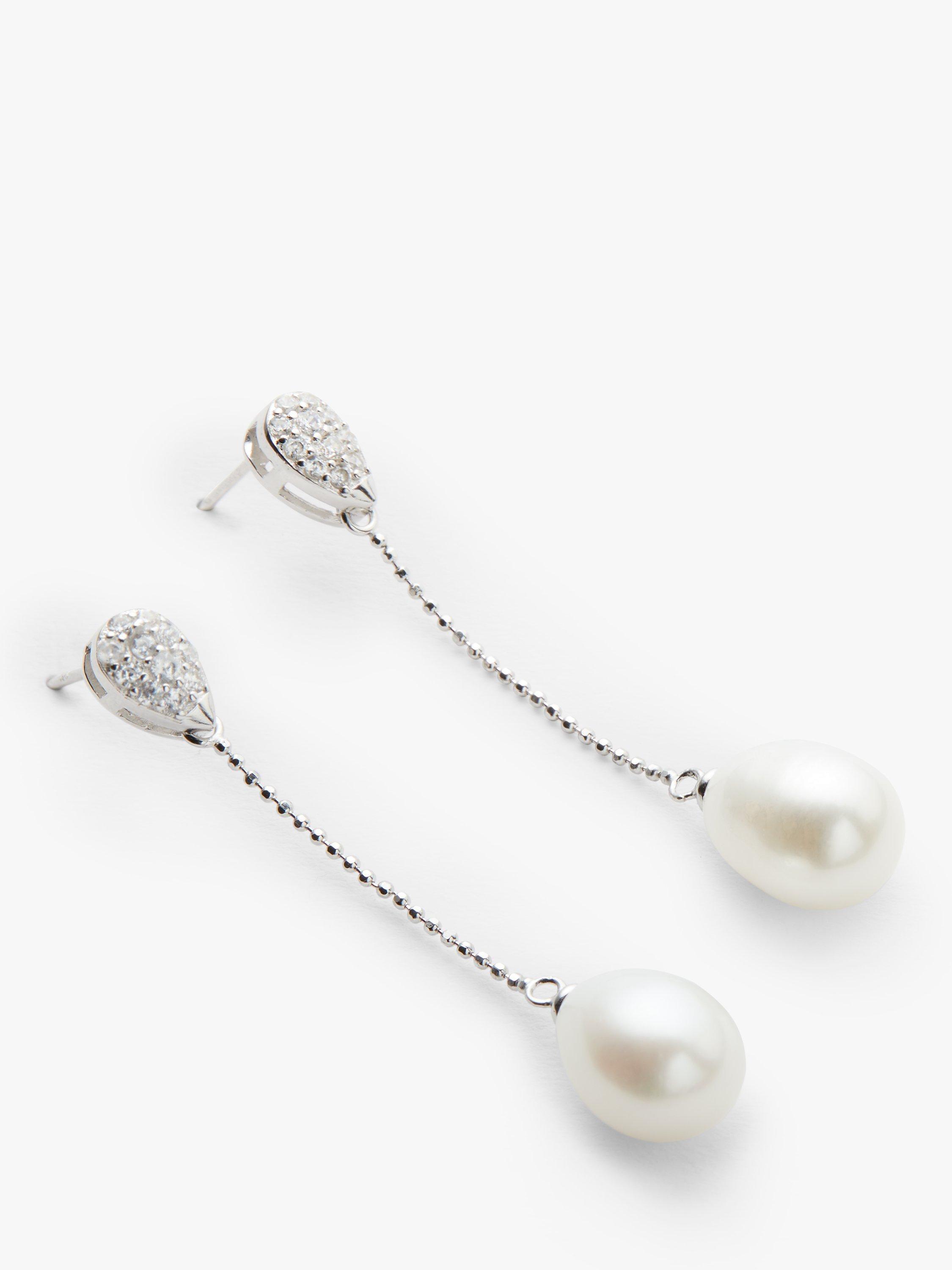 Product image 1 of 5, which shows Lido Long Oval Pearl Drop Cubic Zirconia Set Stud Earrings, Silver/White