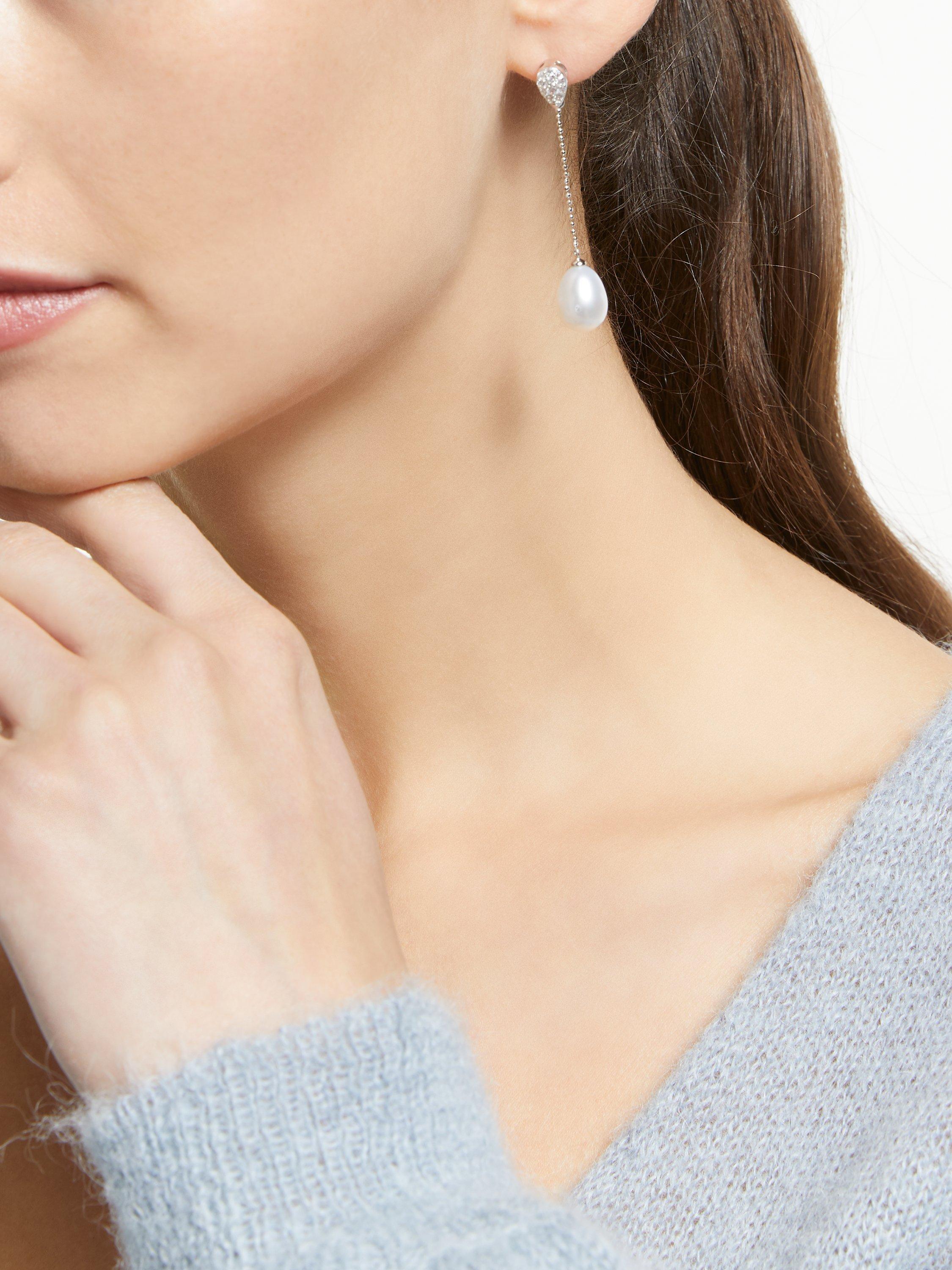 Product image 2 of 5, which shows Lido Long Oval Pearl Drop Cubic Zirconia Set Stud Earrings, Silver/White