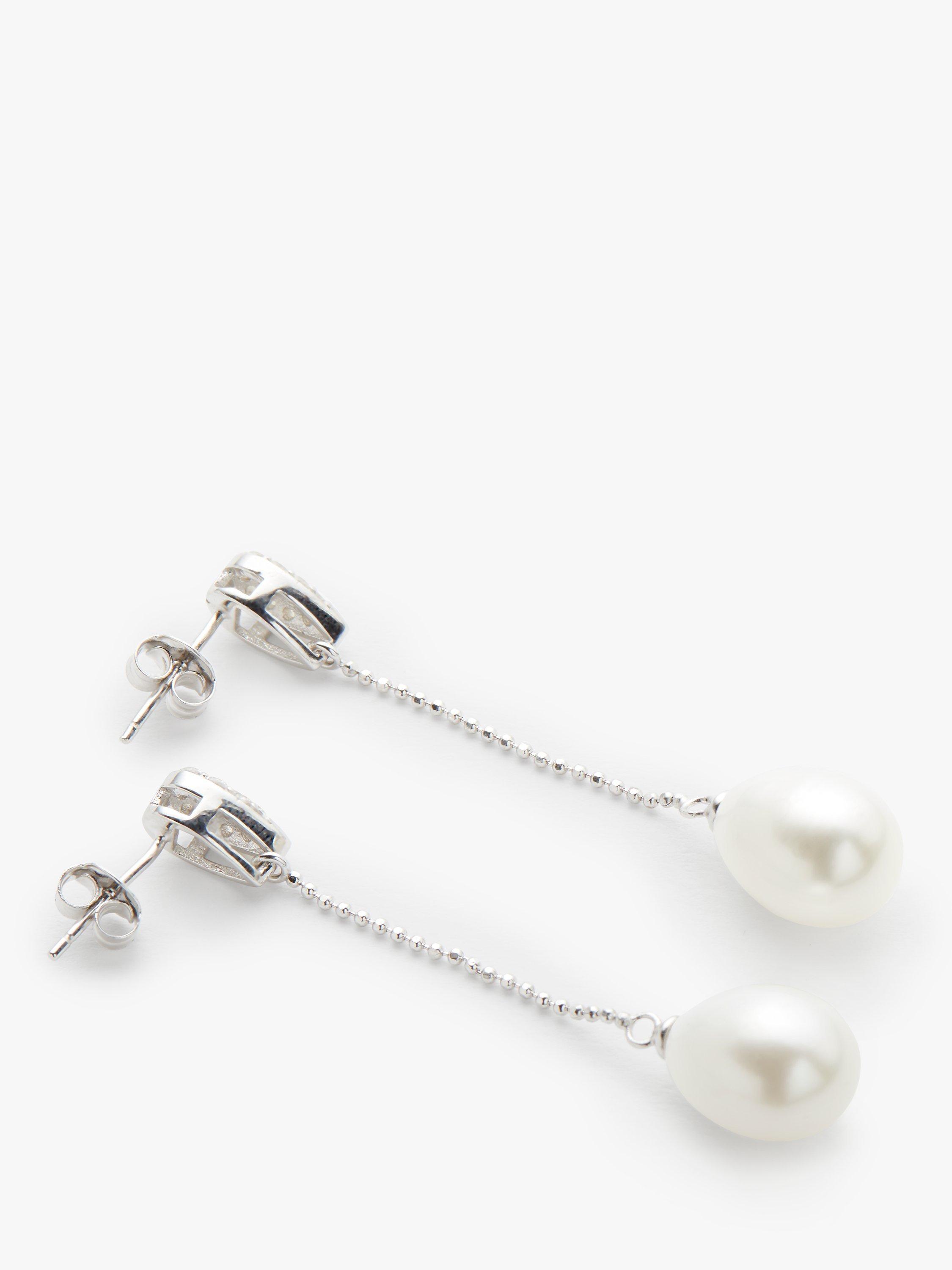 Product image 3 of 5, which shows Lido Long Oval Pearl Drop Cubic Zirconia Set Stud Earrings, Silver/White