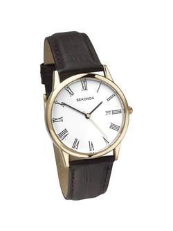 Sekonda 3676.27 Men's Date Dial Leather Strap Watch, Brown/White - view 2, Brown/White