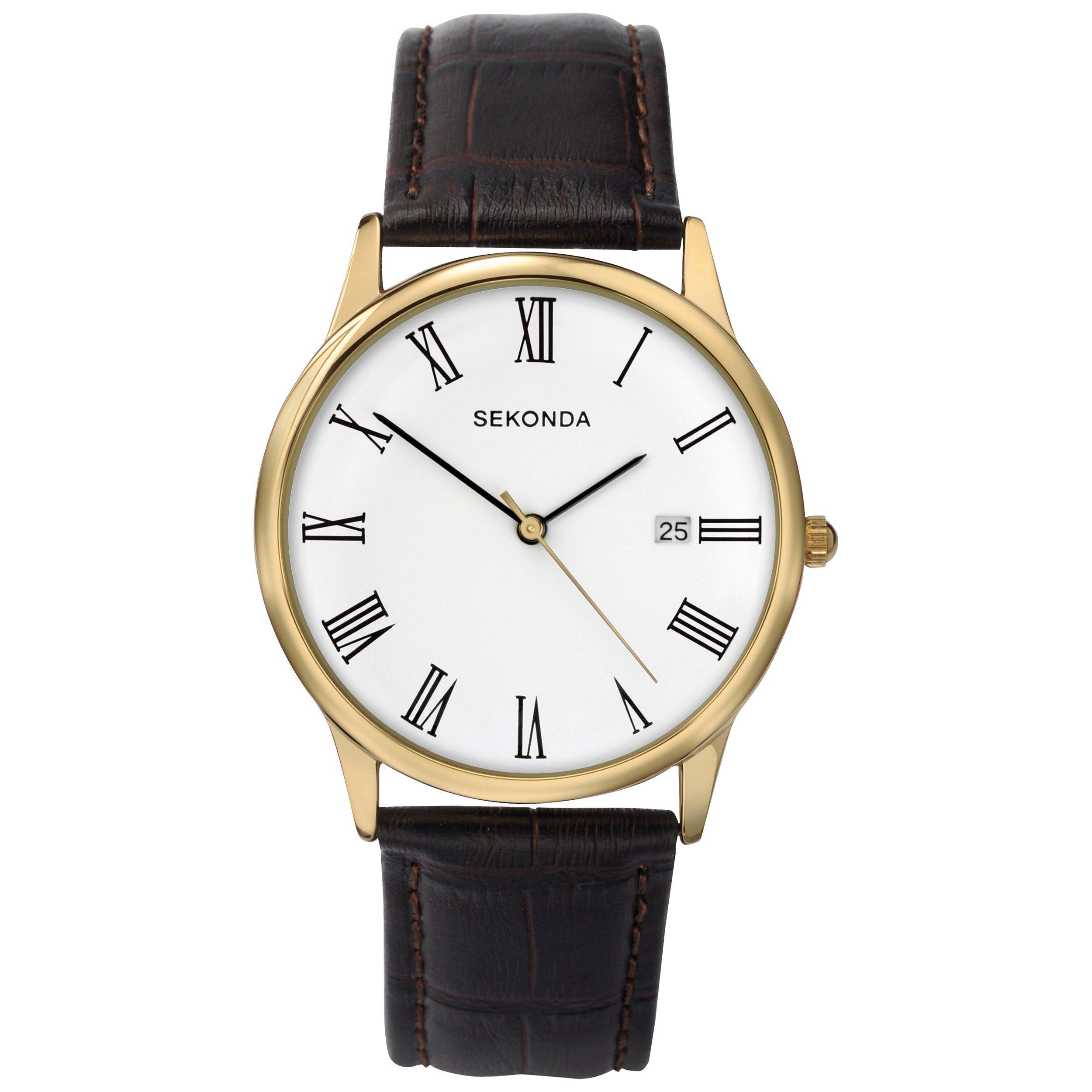 Product image 1 of 6, which shows Sekonda 3676.27 Men's Date Dial Leather Strap Watch, Brown/White