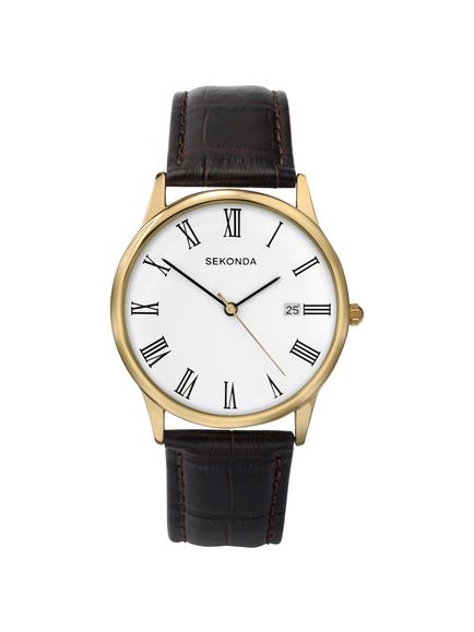Sekonda 3676.27 Men's Date Dial Leather Strap Watch, Brown/White, Brown/White