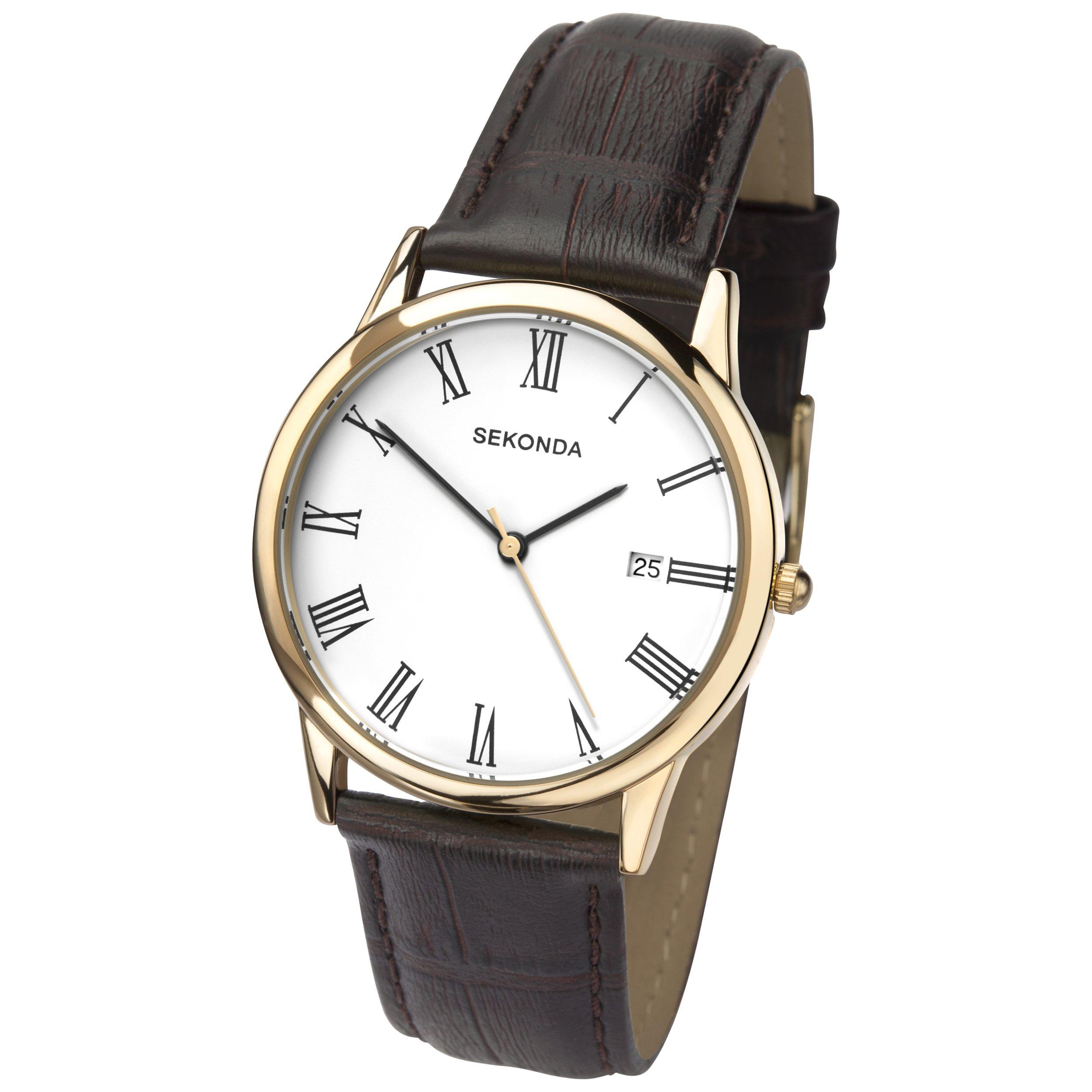 Product image 3 of 6, which shows Sekonda 3676.27 Men's Date Dial Leather Strap Watch, Brown/White