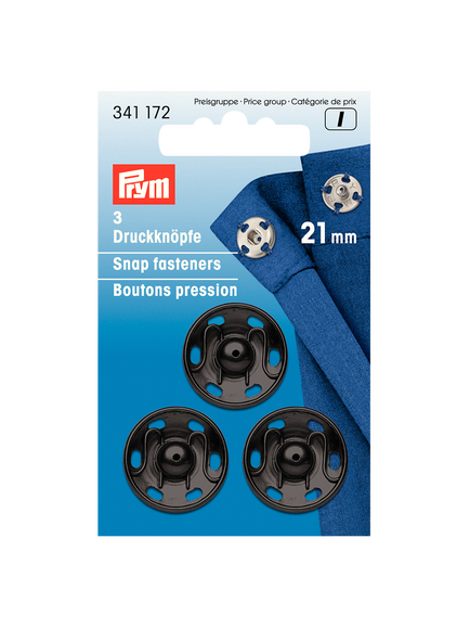Prym Sew On Snap Fastners, 21mm, Pack of 3, Black