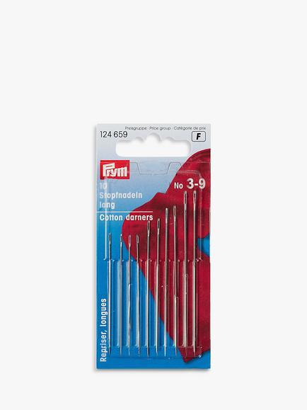 Prym Assorted Long Cotton Darning Needles, Sizes 3-9, Pack of 10, Silver