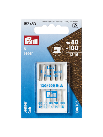 Prym Leather Sewing Machine Needles, Size 80-100, Pack of 5, Silver