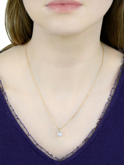 E.W Adams 7mm White Akoya Cultured Pearl Pendant Necklace in 9ct Yellow Gold - view 2, Yellow Gold