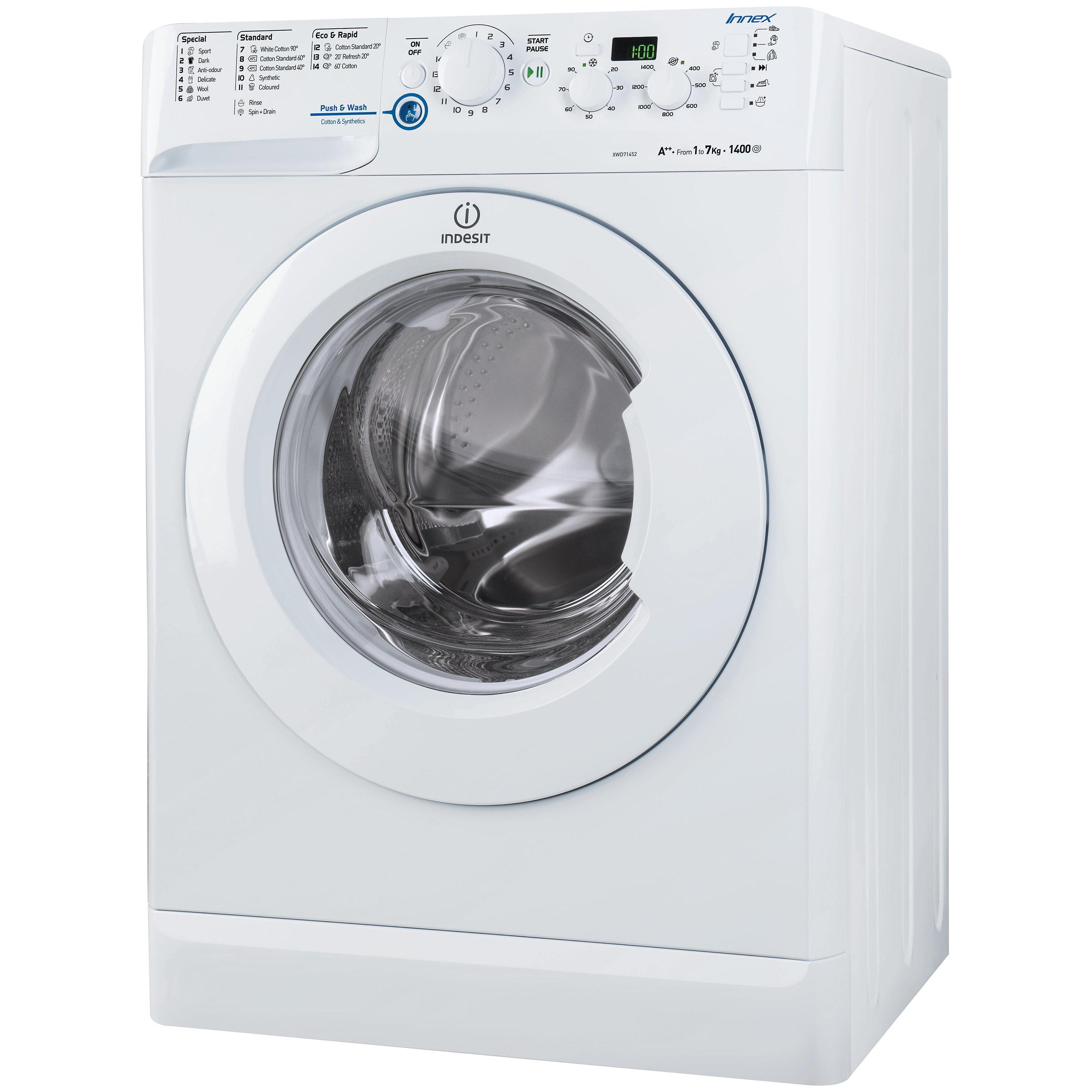 Indesit XWD71452W Freestanding Washing Machine, 7kg Load, A++ Energy Rating, 1400rpm Spin, White