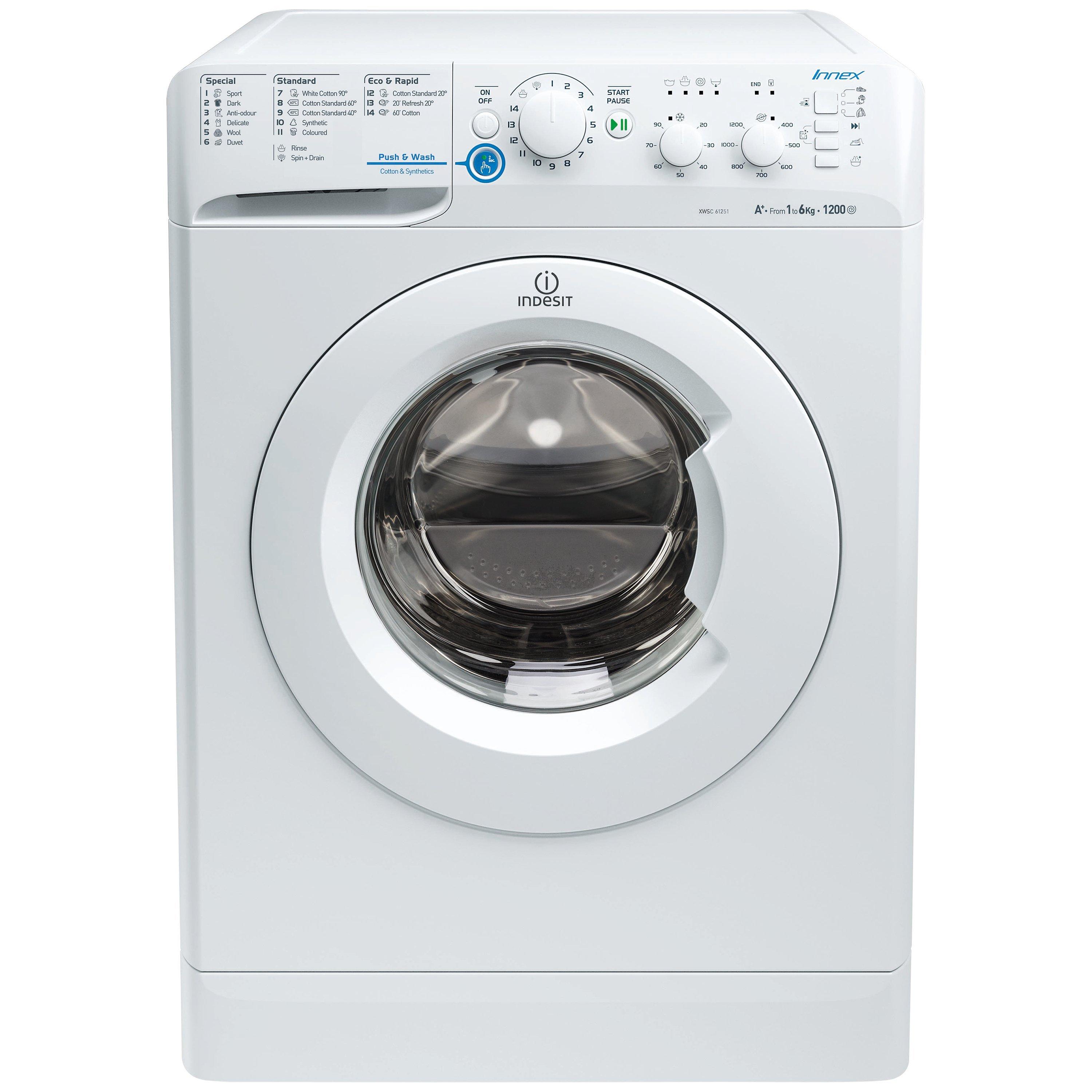 Indesit XWSC61251W Slim Depth Freestanding Washing Machine, 6kg Load, A+ Energy Rating, 1200rpm Spin, White
