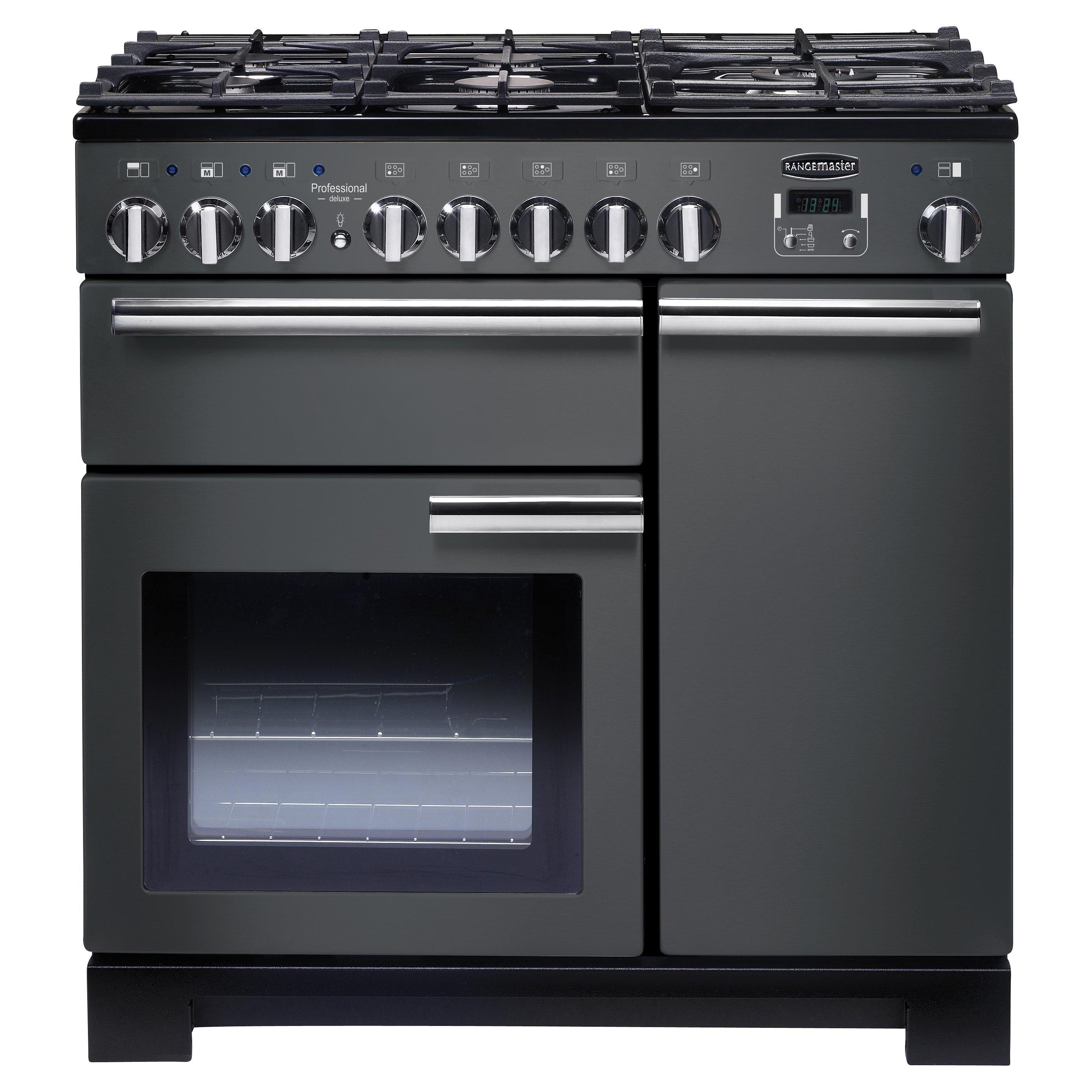 Rangemaster Professional Deluxe 90 Dual Fuel Range Cooker, Slate/Chrome Trim