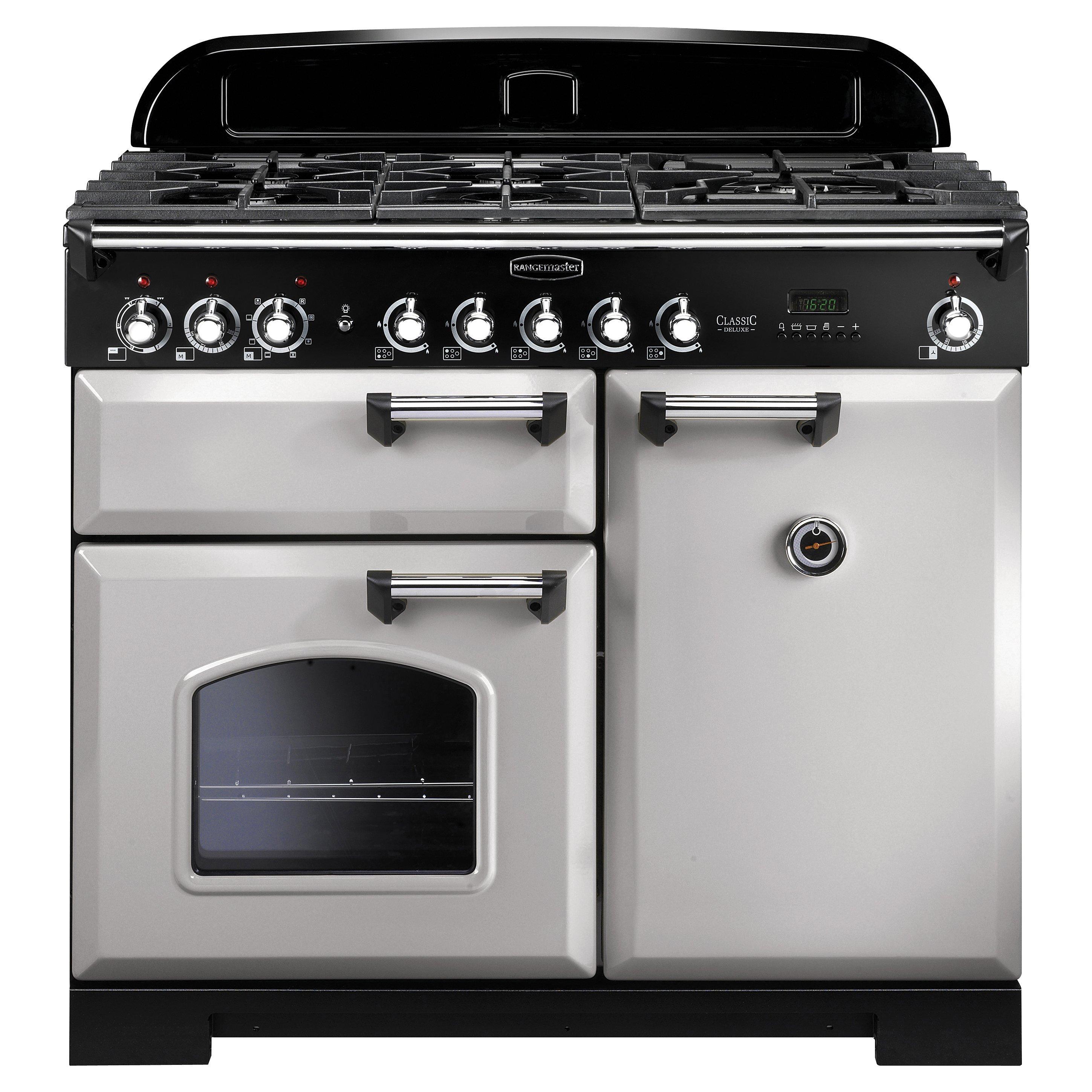 Rangemaster Classic Deluxe 100 Dual Fuel Range Cooker, Pearl/Chrome Trim