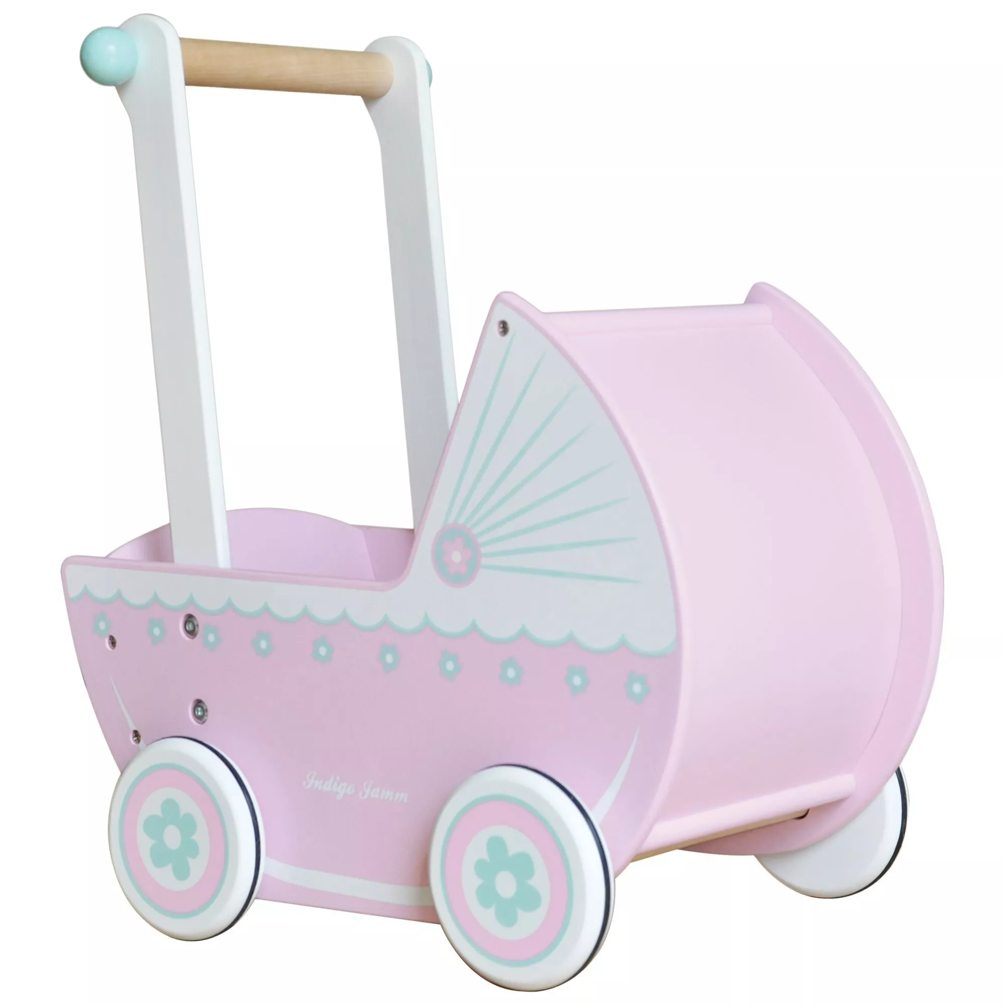 Indigo Jamm Wooden Pram Pink White