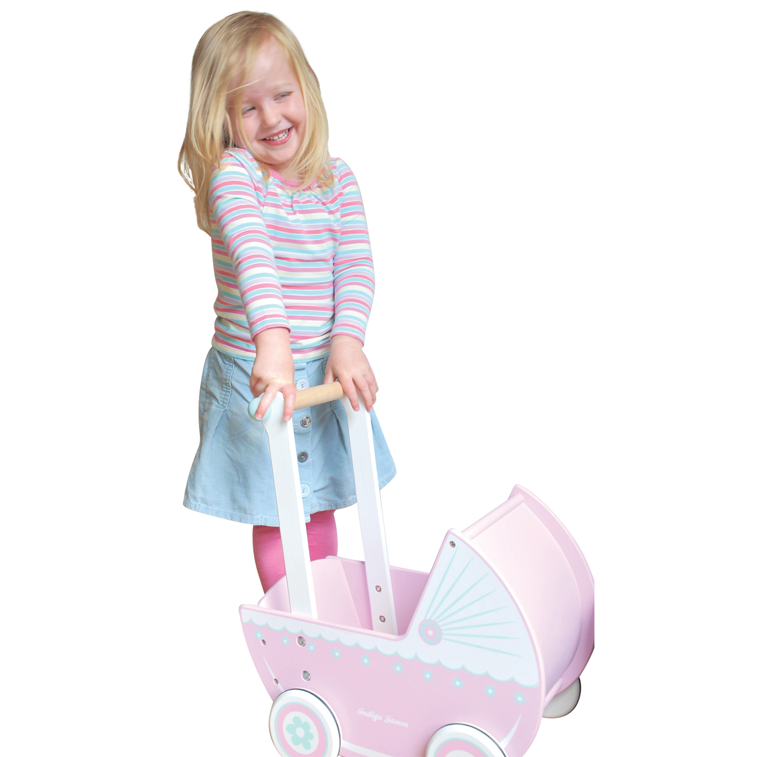 Indigo Jamm Wooden Pram Pink White