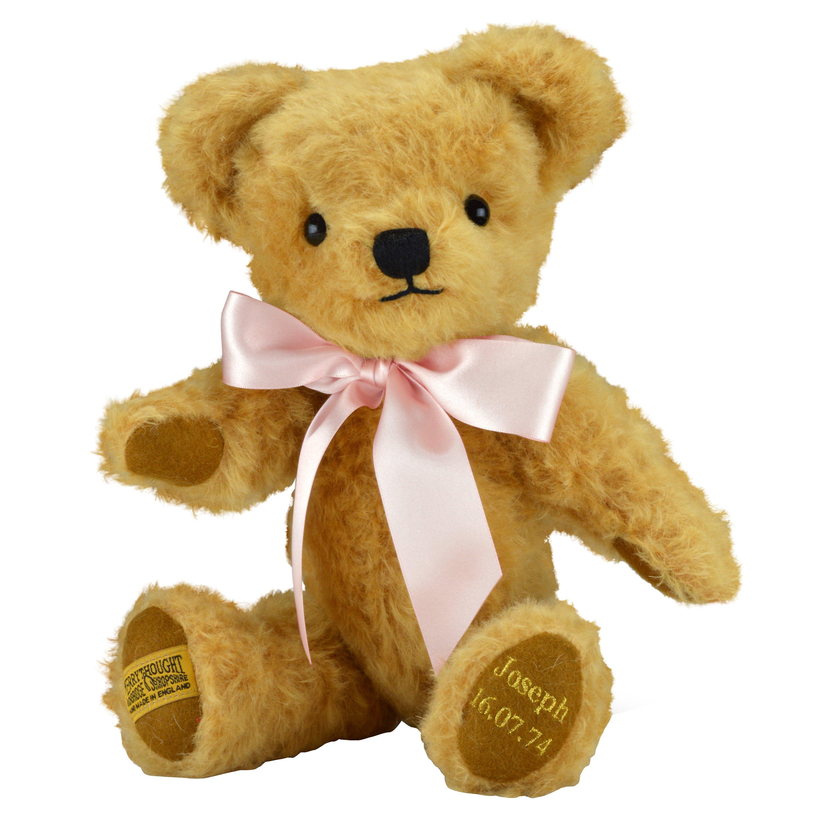 Merrythought Personalised London Curly Gold Teddy Bear With Gold Thread Soft Toy, Baby Pink