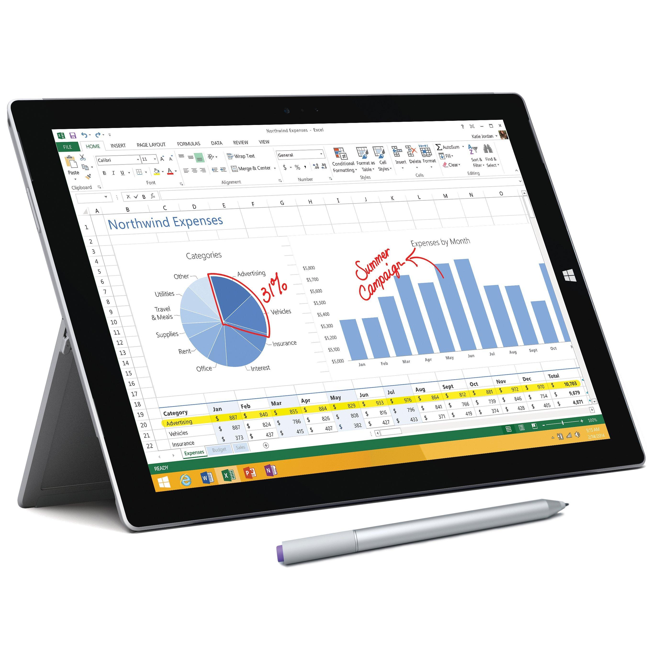 Microsoft Surface Pro 3, Intel Core i3, 4GB RAM, Windows 8.1 Pro, 12", 64GB, Wi-Fi, Silver