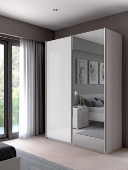 John Lewis Elstra 150cm Wardrobe with White Glass and Mirrored Sliding Doors - view 2, White Glass/White