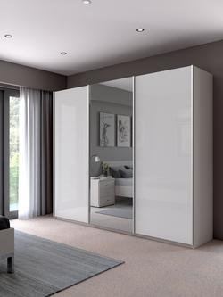 John Lewis Elstra 250cm Wardrobe with Glass and Mirrored Sliding Doors - view 2, White Glass/White