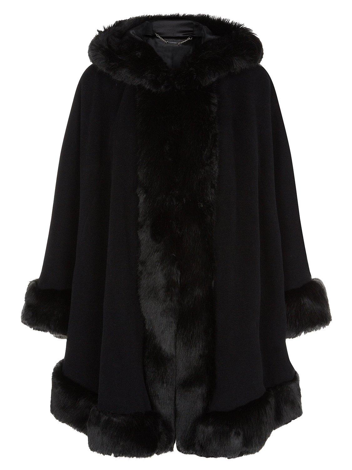 Jacques Vert Hooded Faux Fur Cape, Black