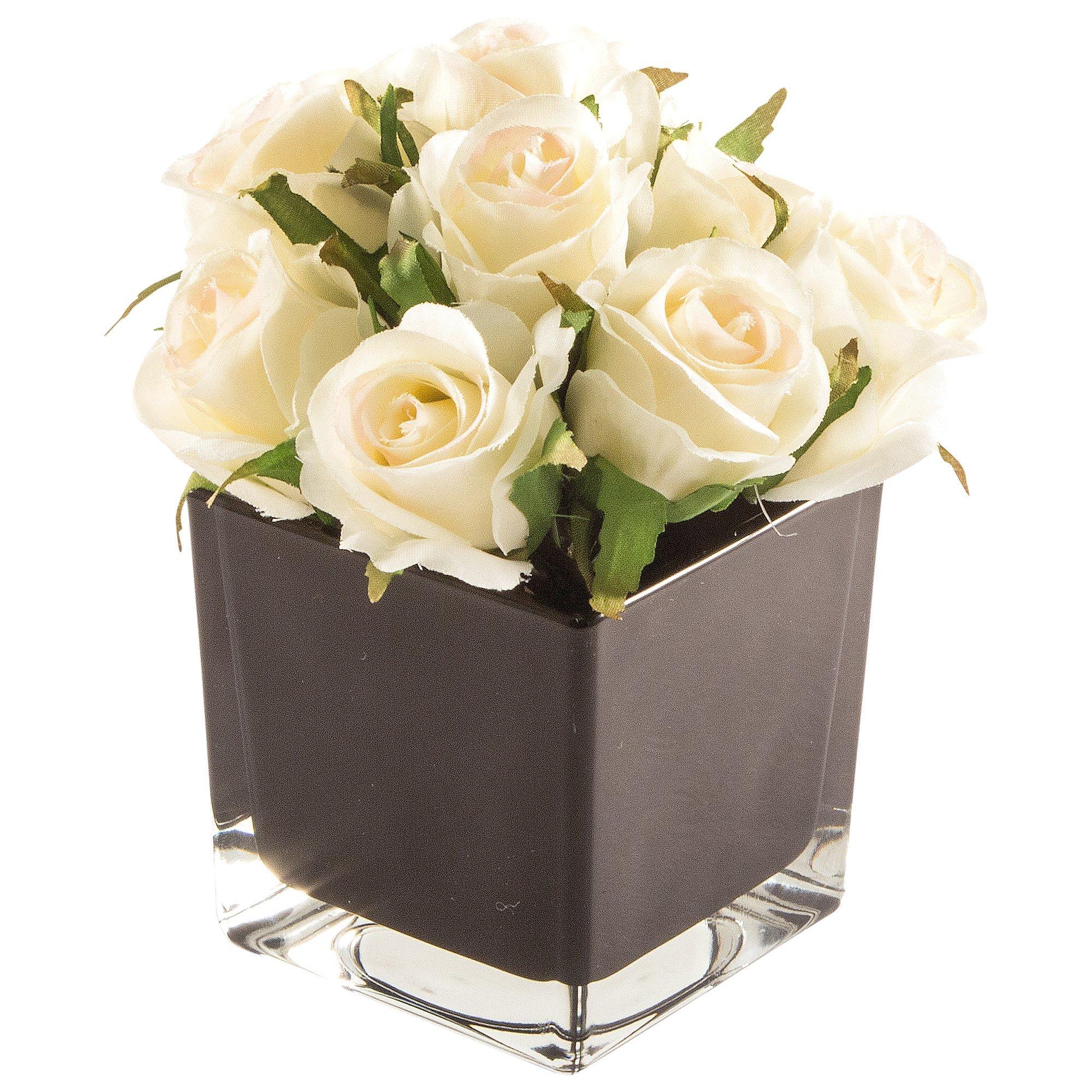 Peony Artificial Cream Roses in Black Cube, Small