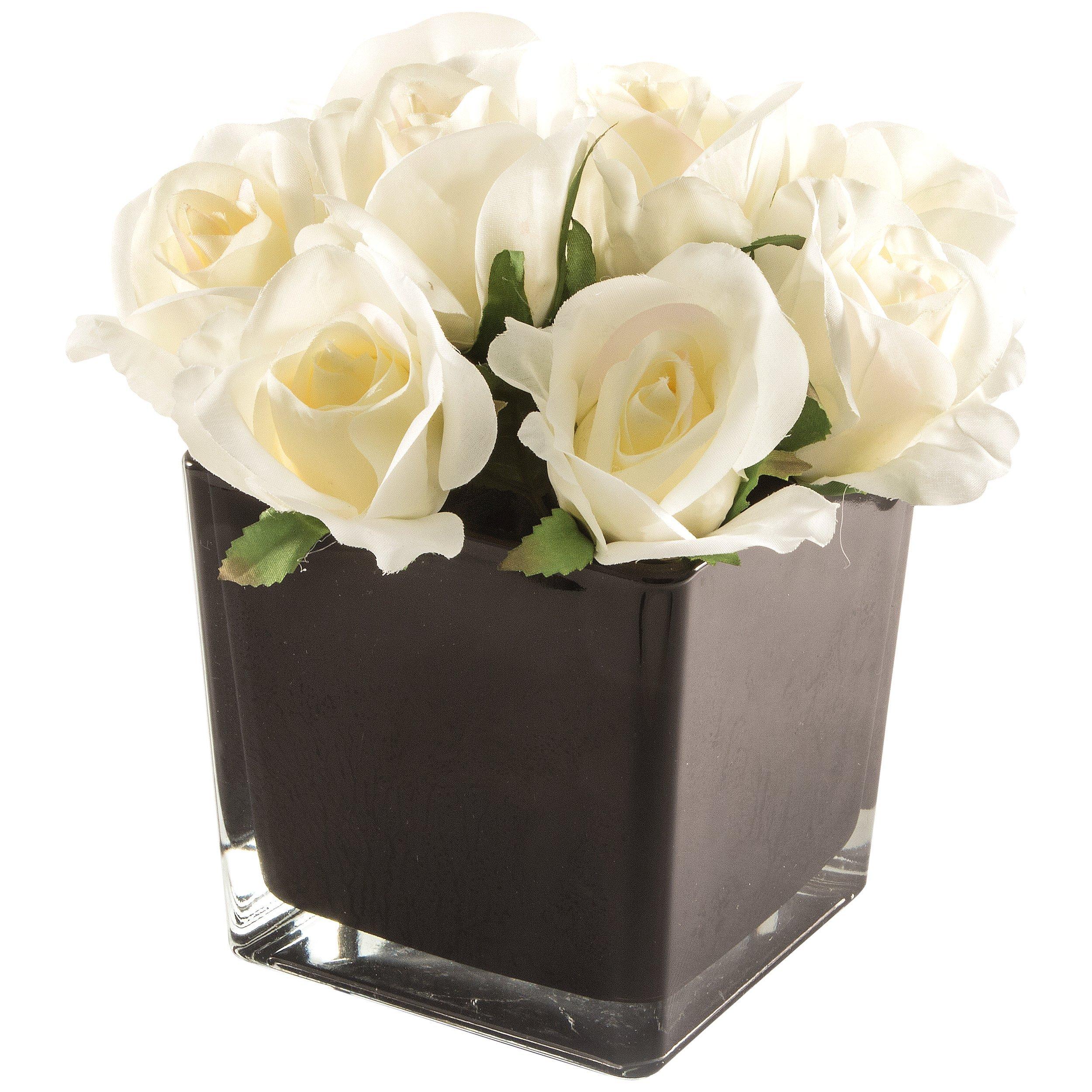 Peony Artificial Cream Roses in Black Cube, Large