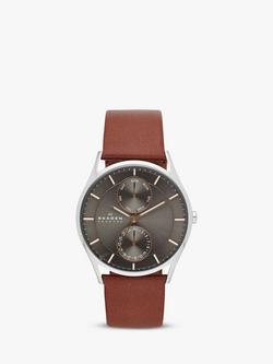 Skagen SKW6086 Men's Holst Single Chronograph Leather Strap Watch, Brown/Grey, Brown/Grey