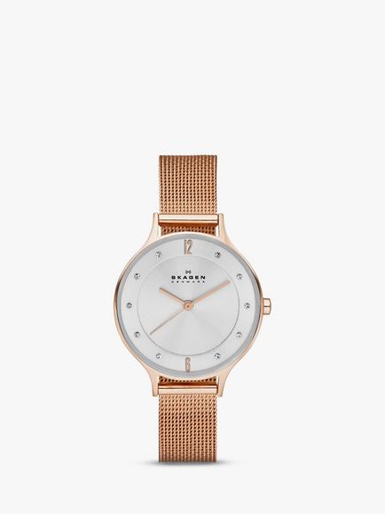 Skagen Women's Anita Stainless Steel Mesh Bracelet Strap Watch, Rose Gold/White