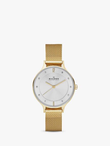 Skagen Women's Anita Stainless Steel Mesh Bracelet Strap Watch, Gold/White
