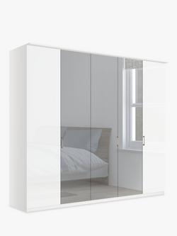 John Lewis Elstra 250cm Wardrobe with White Glass and Mirrored Hinged Doors, White Glass/White