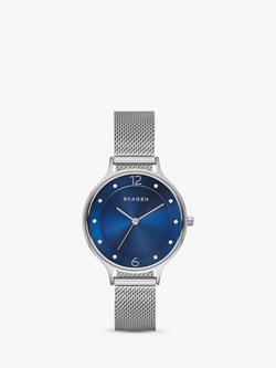 Skagen SKW2307 Women's Anita Stainless Steel Mesh Bracelet Strap Watch, Silver/Blue, Silver/Blue