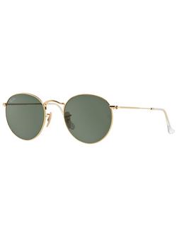 Ray-Ban RB3447 Round Metal Sunglasses, Gold/Green, Gold/Green