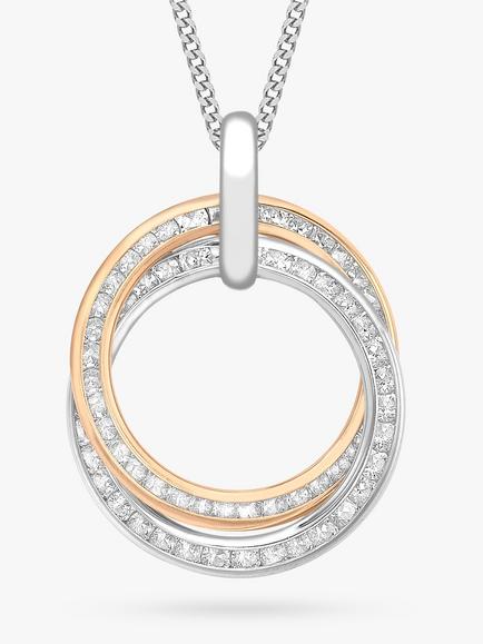 IBB 9ct Gold Cubic Zirconia Double Ring Pendant Necklace, White Gold/Rose Gold, Gold