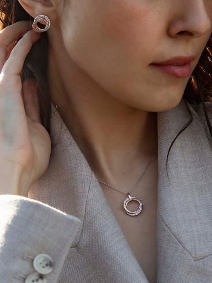 IBB 9ct Gold Cubic Zirconia Double Ring Pendant Necklace, White Gold/Rose Gold - view 2, Gold