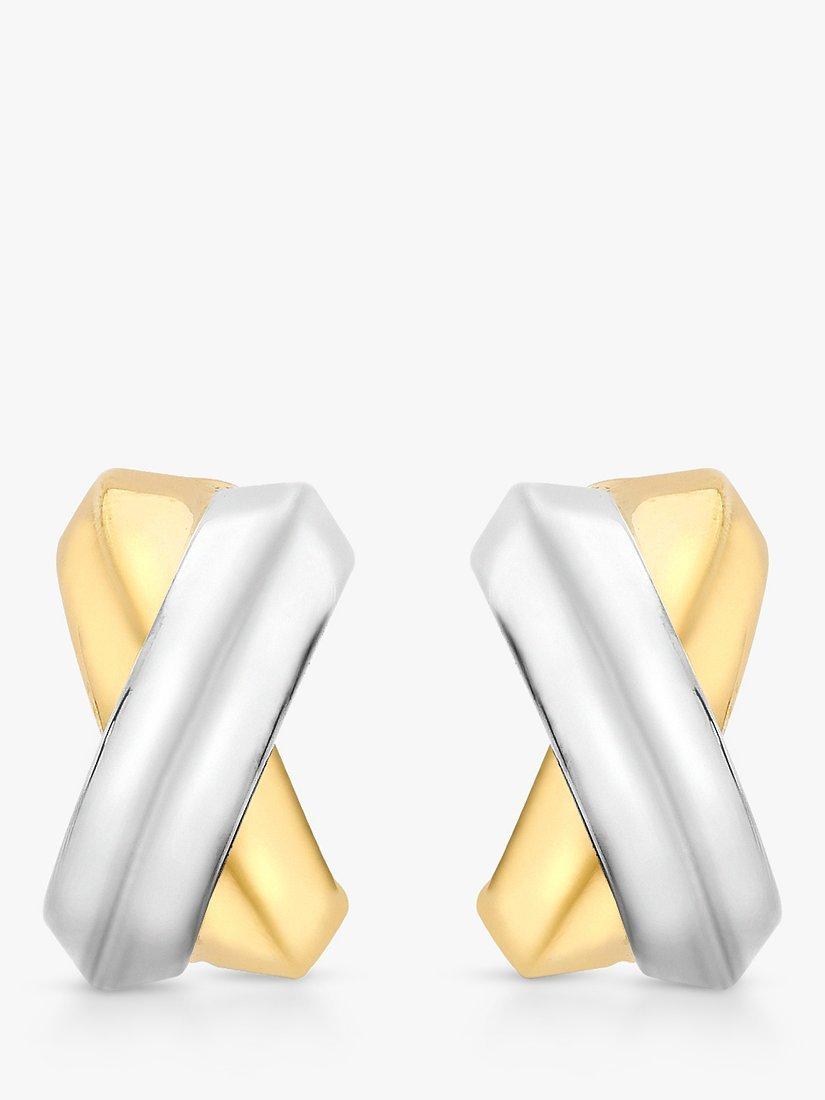 Product image 1 of 4, which shows IBB 9ct Gold Two Colour Crossover Kiss Stud Earrings, Gold/White Gold