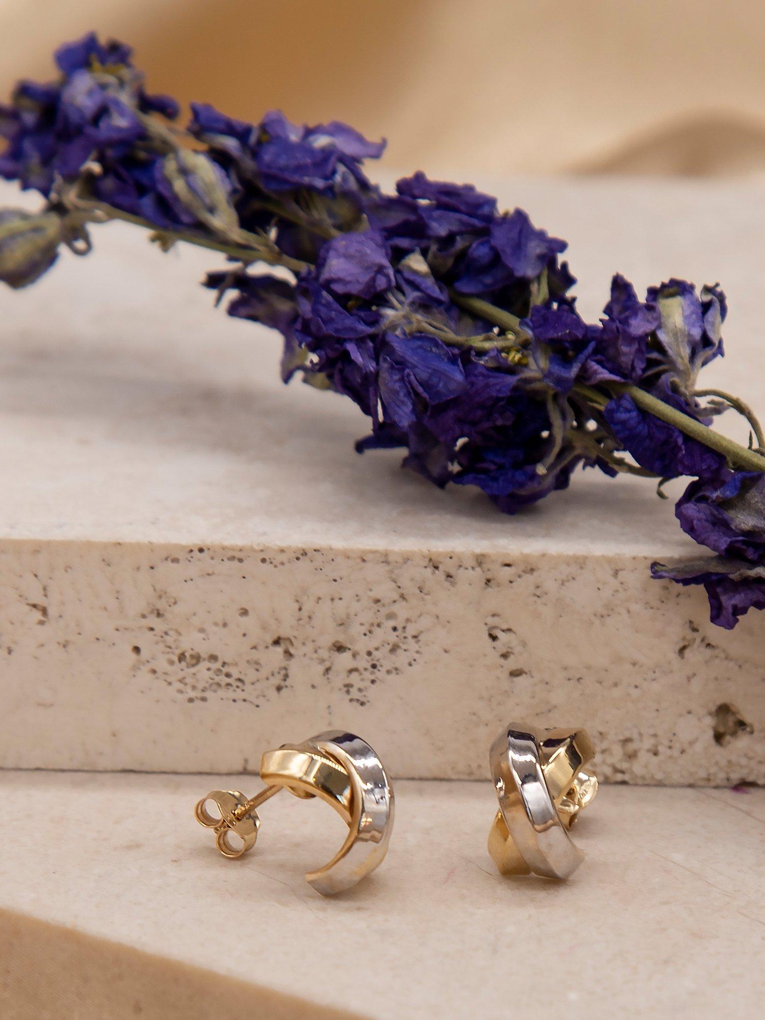 Product image 3 of 4, which shows IBB 9ct Gold Two Colour Crossover Kiss Stud Earrings, Gold/White Gold