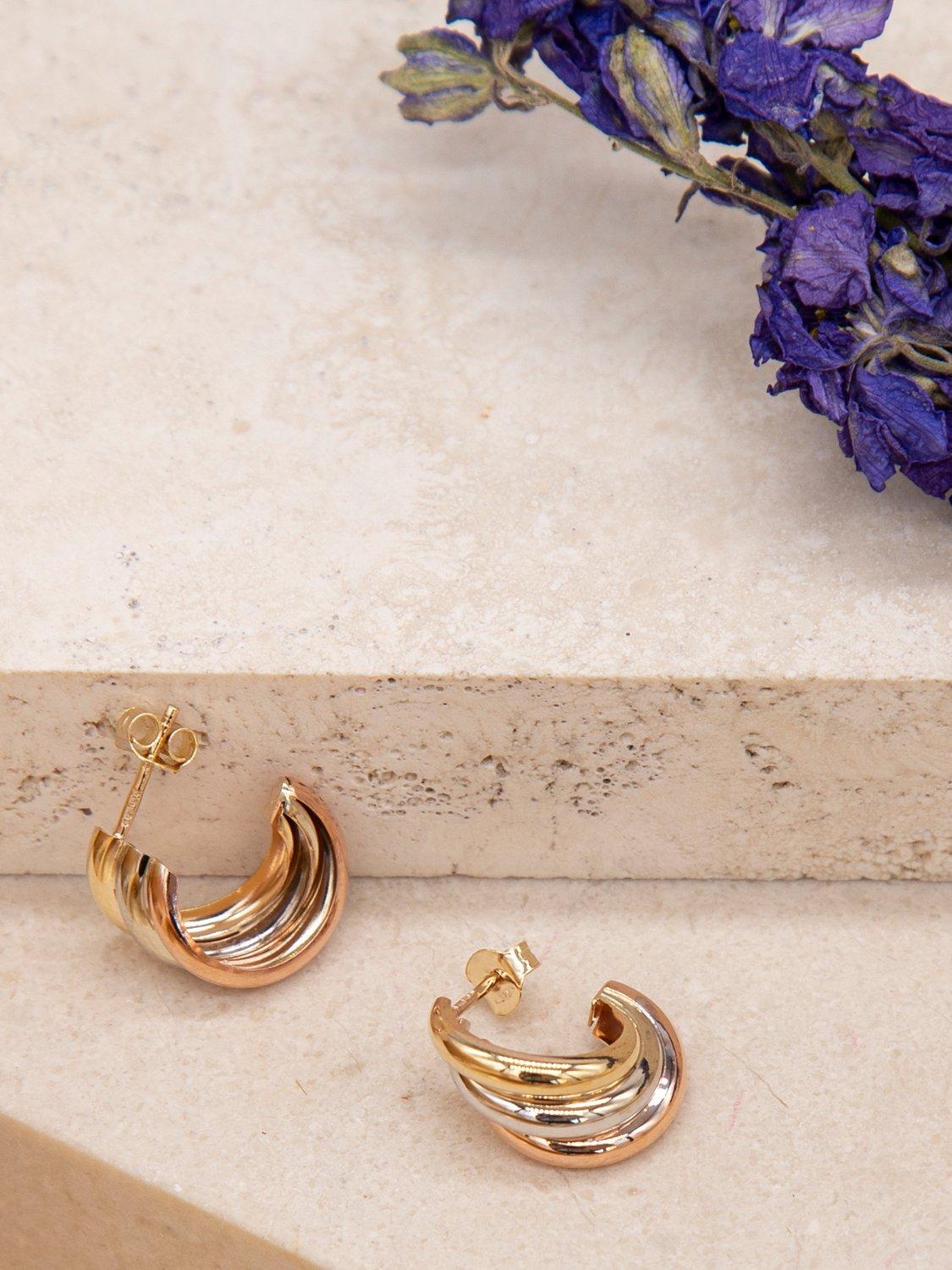 Product image 3 of 4, which shows IBB 9ct Gold Three Colour Russian Stud Earrings, Gold